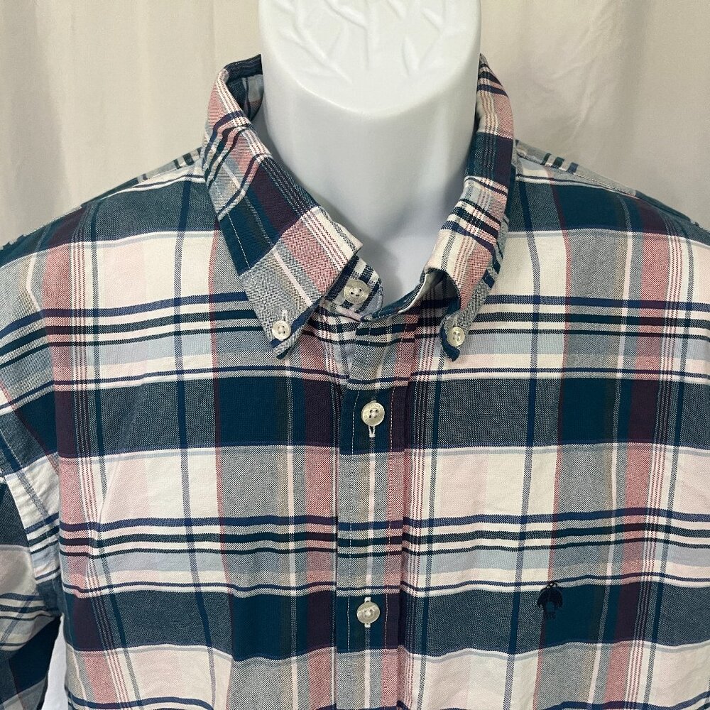 👔 Brooks Brothers Red Fleece Men’s XL White Red Blue Plaid Long Sleeve Shirt 👔